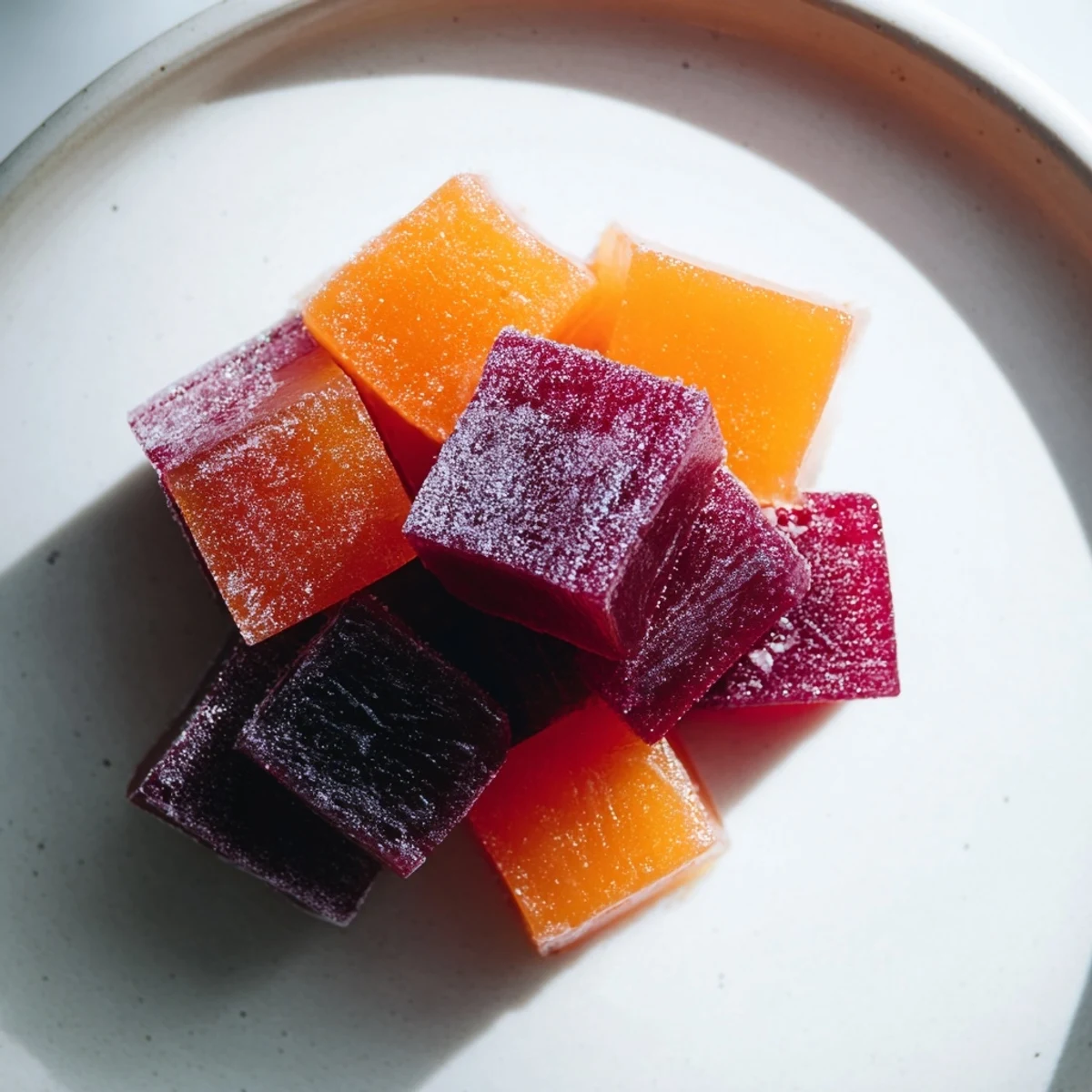Sparkling collagen fruit jellies in vibrant jewel tones arranged on a white marble board