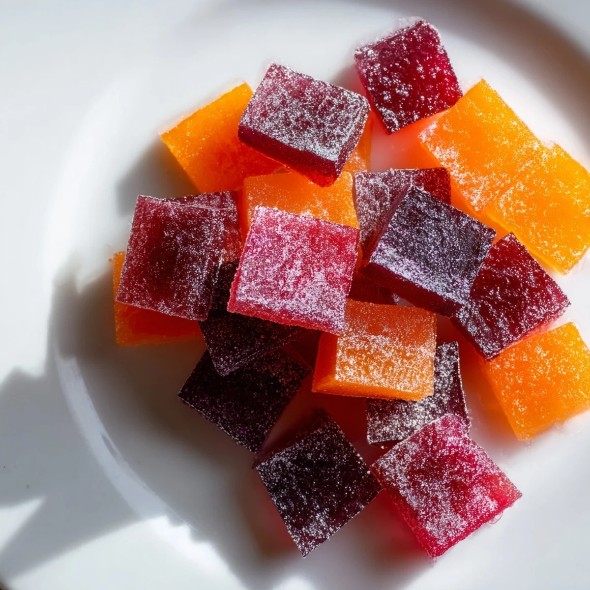Bright orange and berry collagen fruit jellies cut into chewy bite-sized squares served chilled