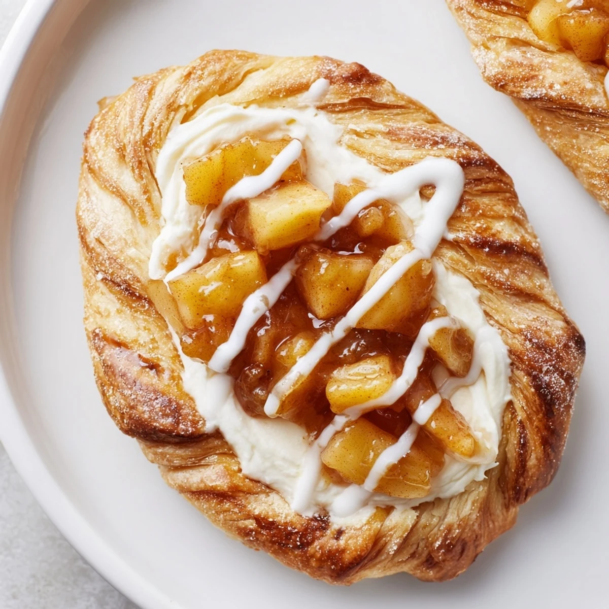 Warm apple cheese danishes drizzled with icing on a rustic baking sheet
