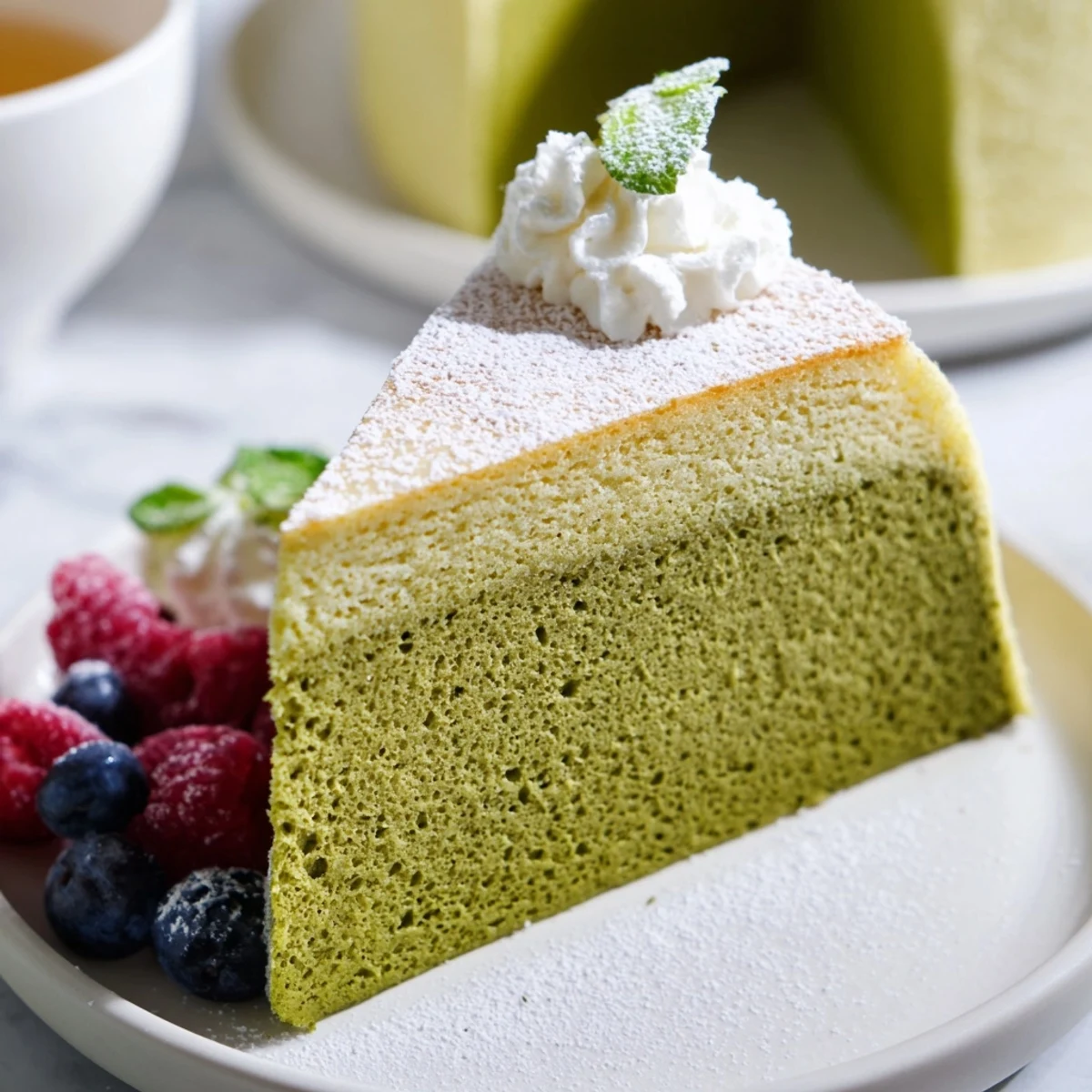 A slice of moist matcha cake dusted with powdered sugar on a white plate