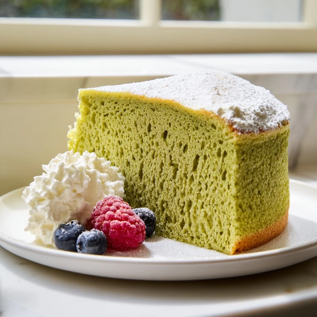 Vibrant green matcha cake with fluffy texture served alongside fresh berries and cream