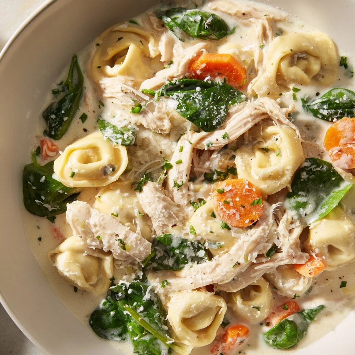 Steaming bowl of Crockpot Chicken Tortellini garnished with parsley and cheese