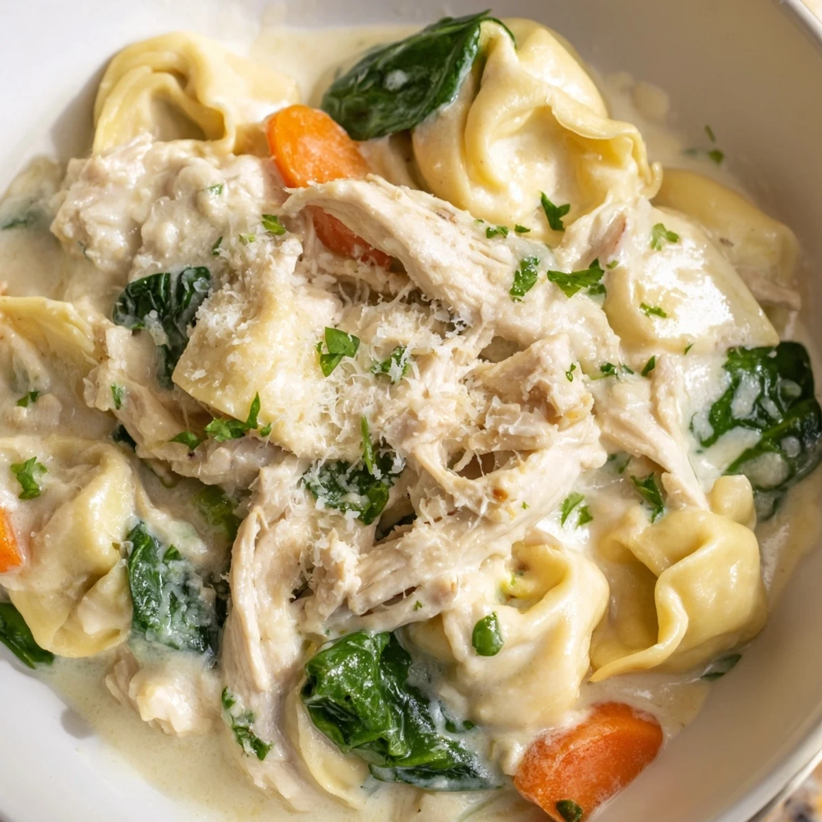 Creamy Crockpot Chicken Tortellini topped with Parmesan in a white bowl