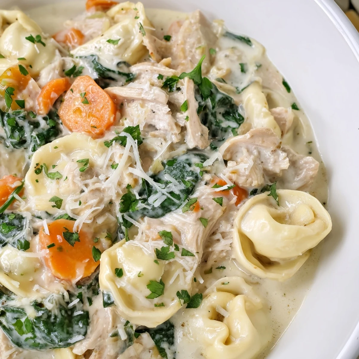 Crockpot Chicken Tortellini with tender shredded meat and vibrant spinach in sauce