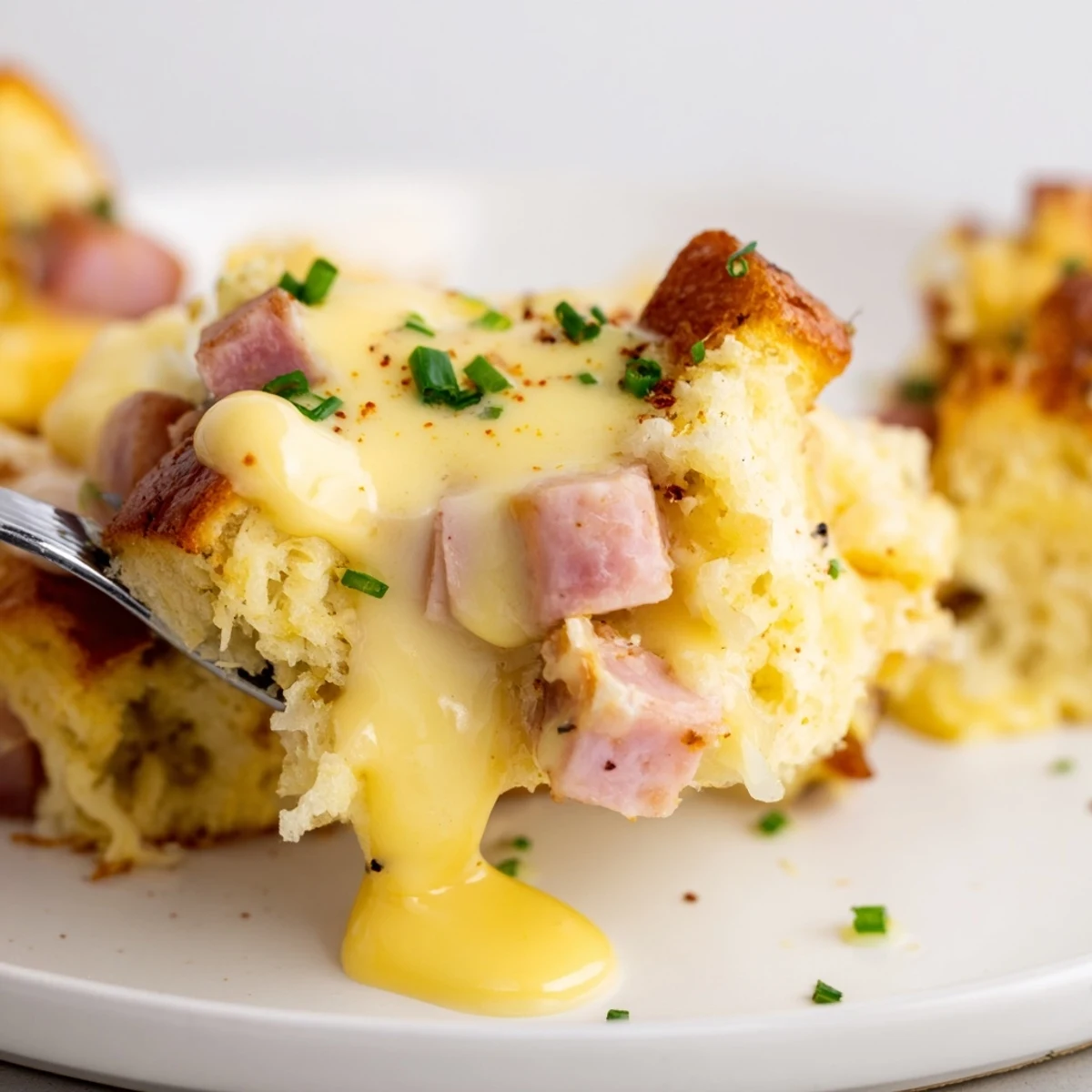 Golden Eggs Benedict casserole topped with creamy hollandaise and fresh chopped chives