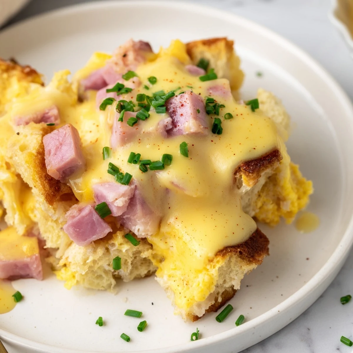 Creamy hollandaise drizzled over a golden baked Eggs Benedict casserole in a rustic dish