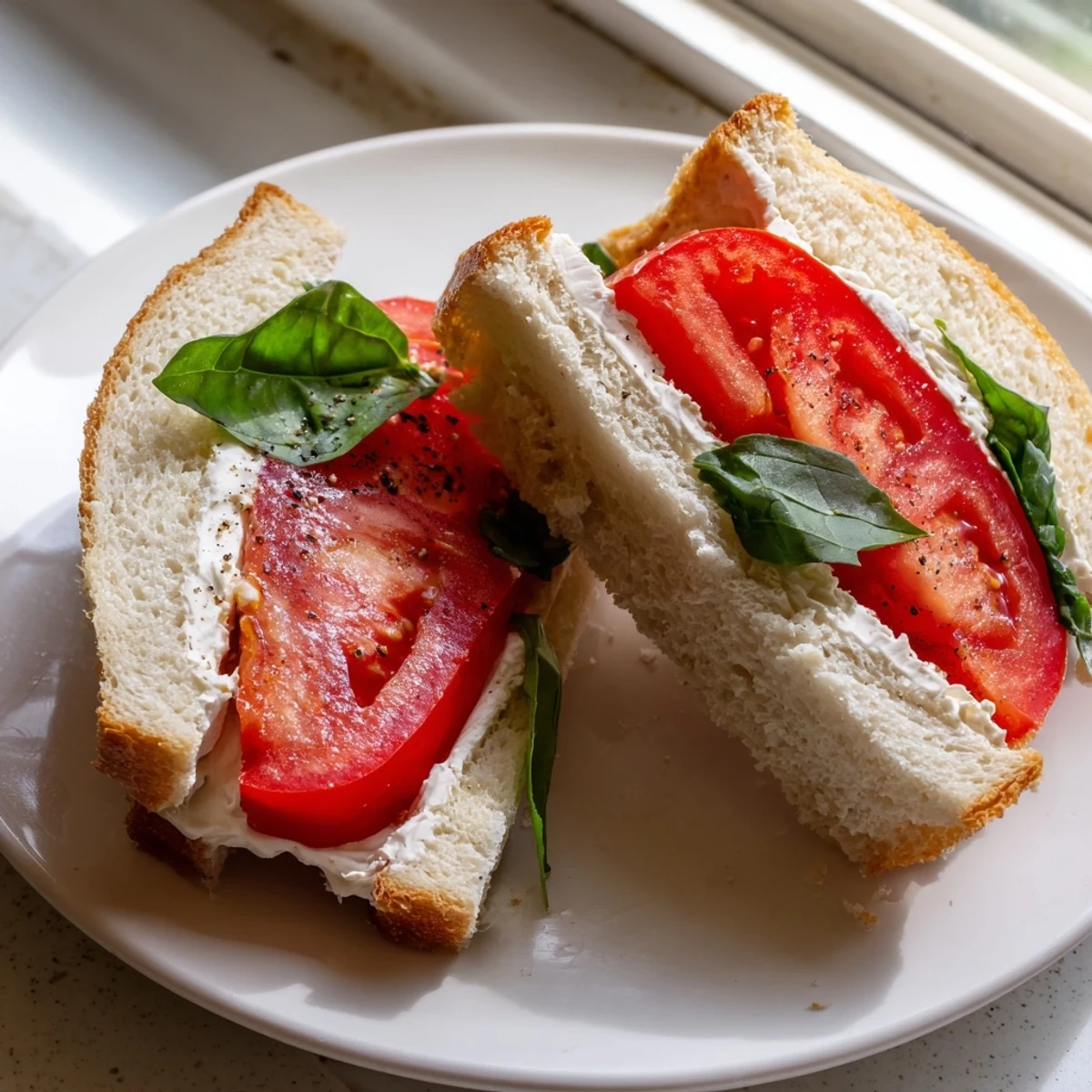 Juicy ripe tomato sandwich layered with creamy mayo on soft fresh bread