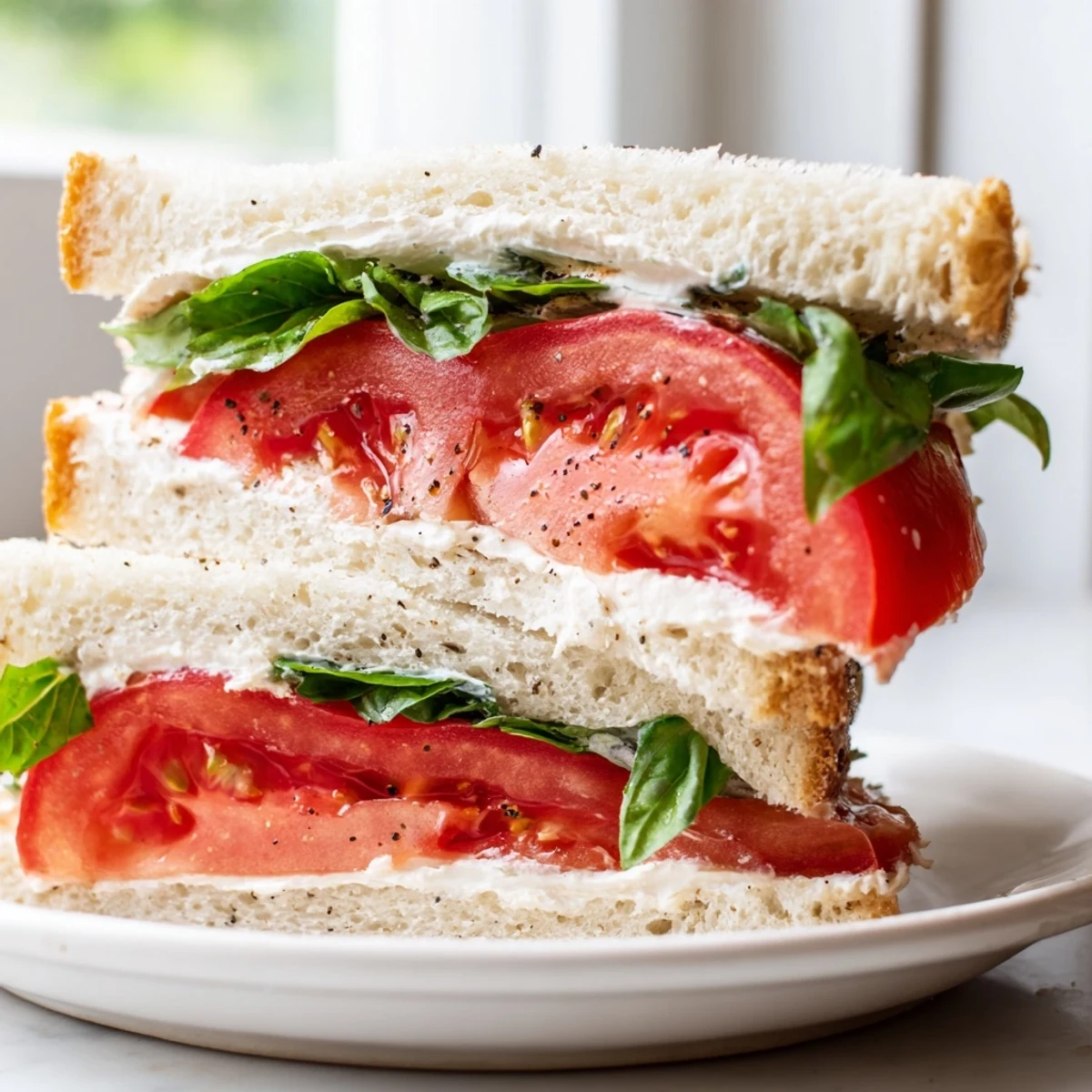 Classic tomato sandwich with thick sliced tomatoes basil and golden mayo