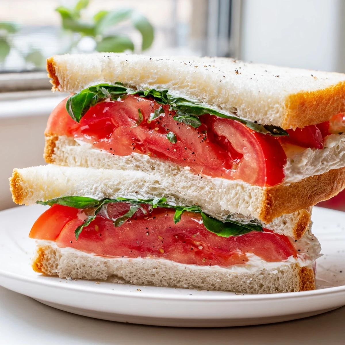 Crisp tomato sandwich served on sourdough with rich mayonnaise and pepper