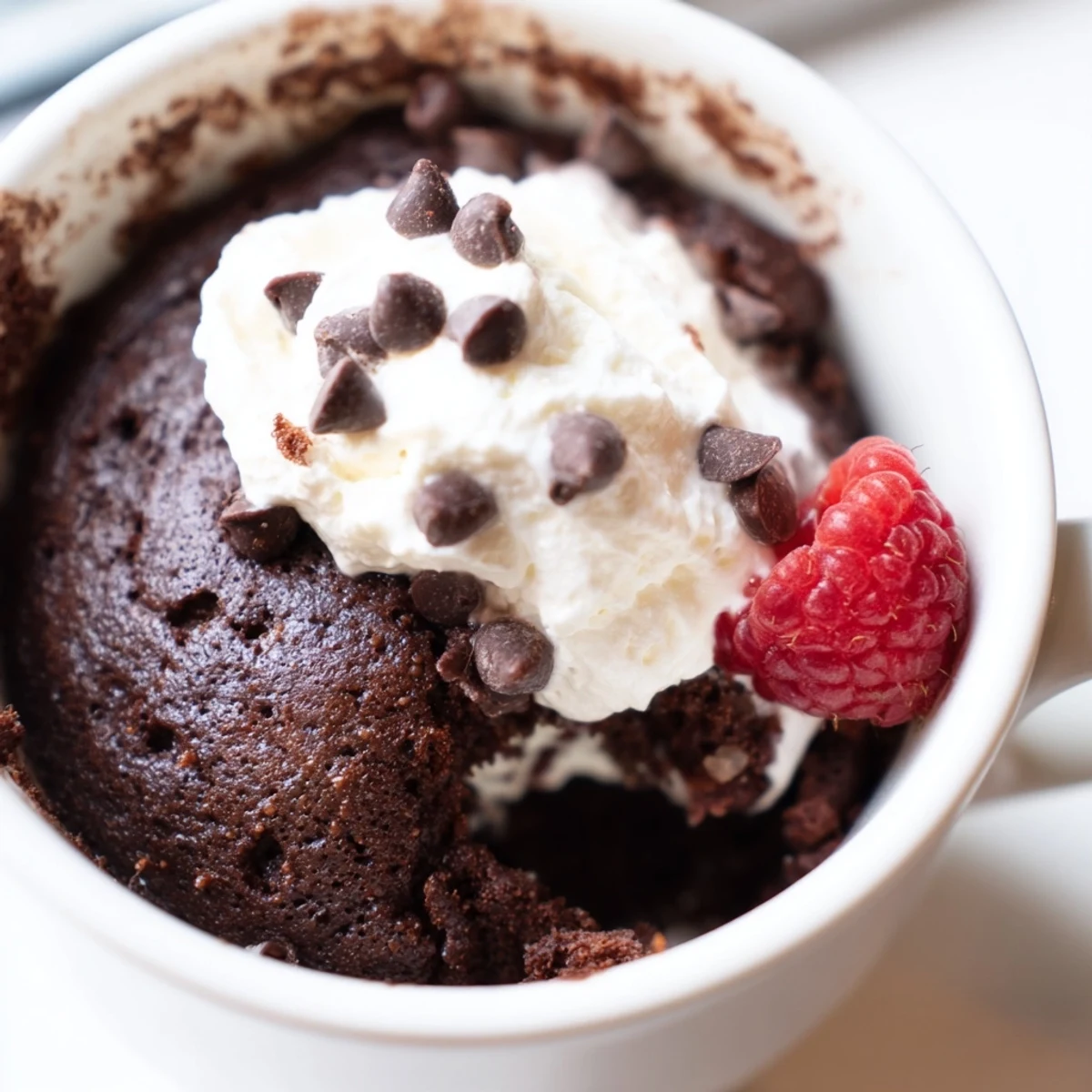 Rich gluten free chocolate mug cake rising freshly in a microwave-safe ceramic mug