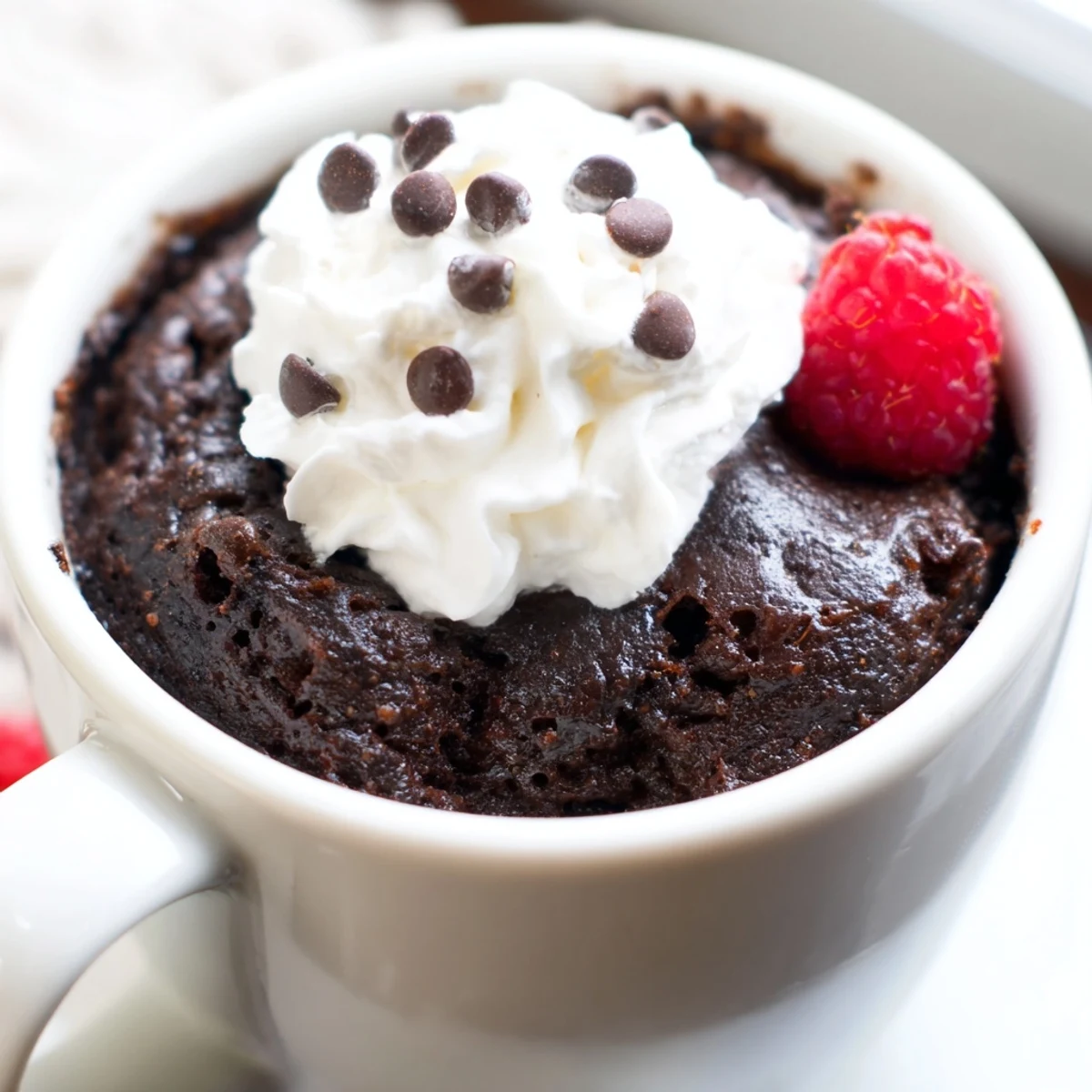 Warm gluten free chocolate mug cake topped with fluffy whipped cream and fresh berries