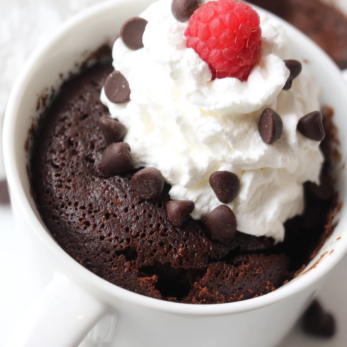 Fudgy gluten free chocolate mug cake served with a dollop of whipped cream