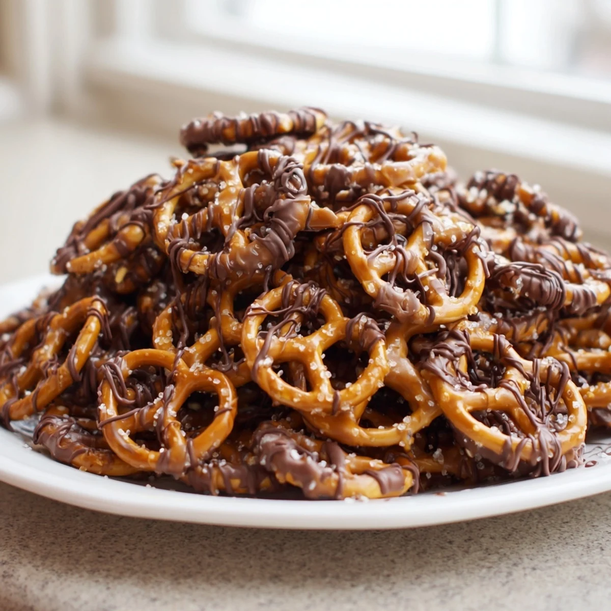 Crunchy butter toffee pretzels glistening with a sweet caramel coating and chocolate drizzle