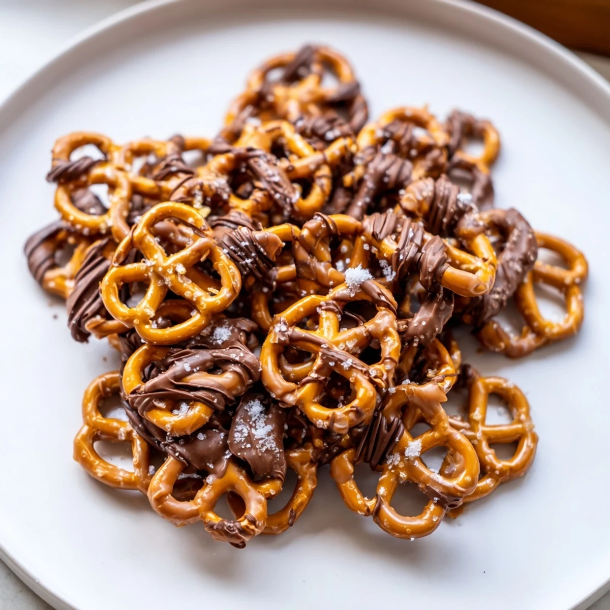 Golden butter toffee pretzels drizzled with chocolate on a parchment-lined baking sheet