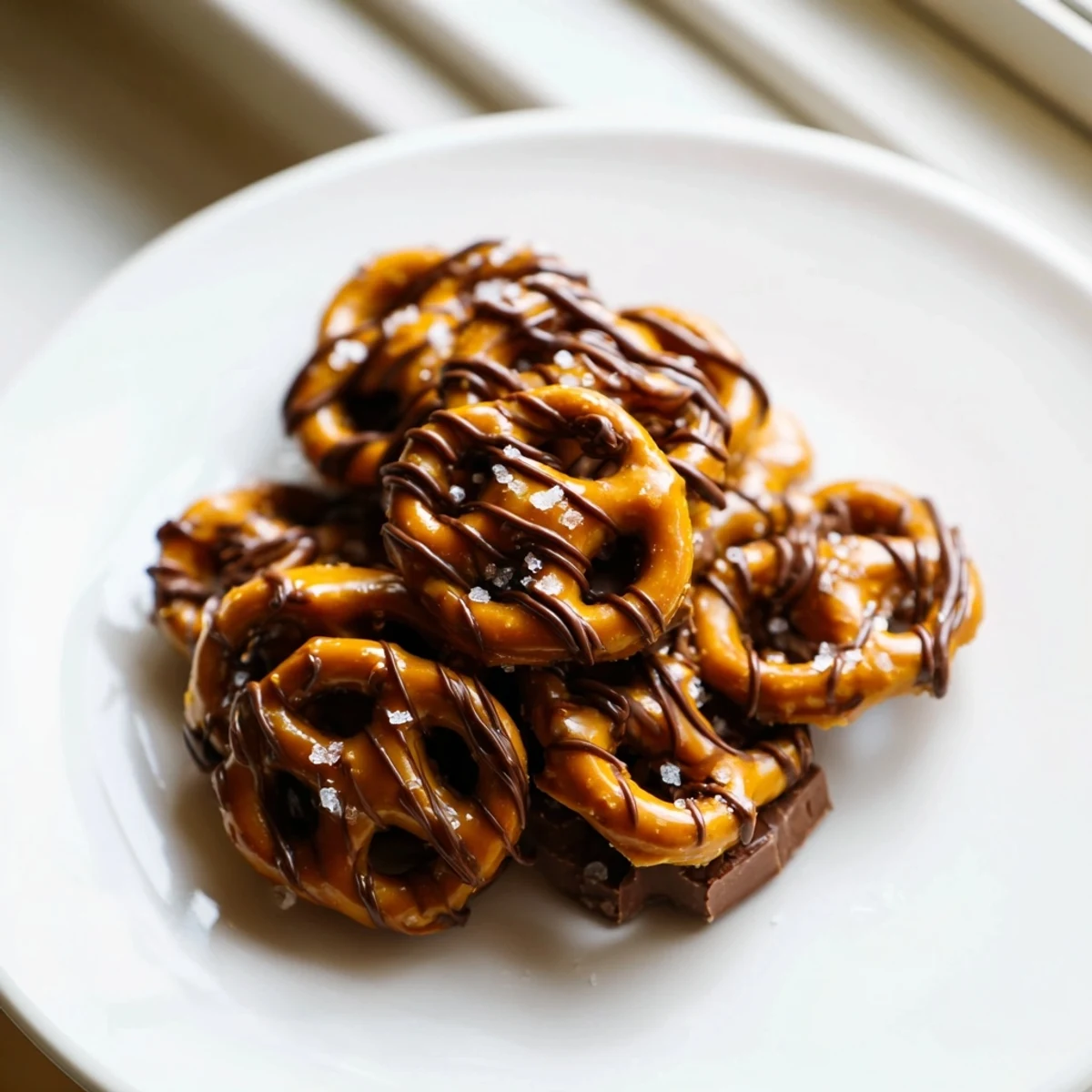 Glossy butter toffee pretzels piled in a bowl with flaky sea salt sprinkled on top