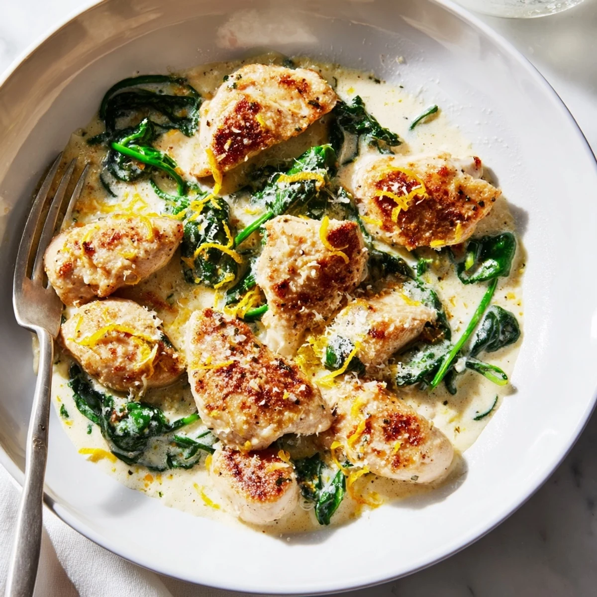Golden seared Lemon Parmesan Spinach Chicken nestled in a creamy, vibrant skillet sauce