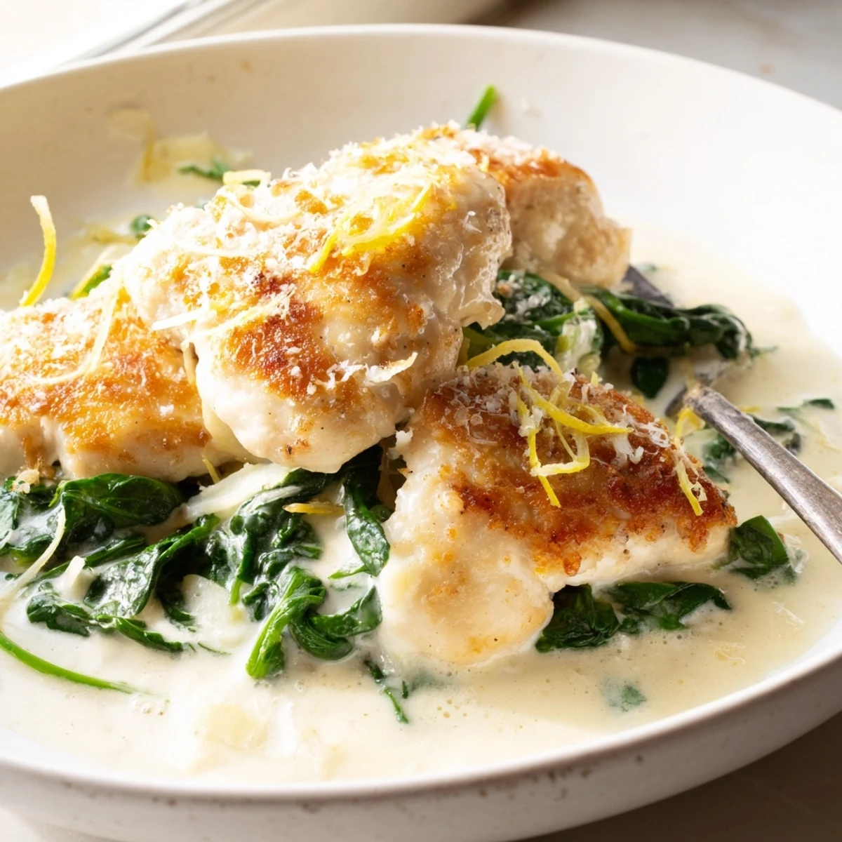 Creamy Lemon Parmesan Spinach Chicken served steaming over wilted greens in rustic skillet