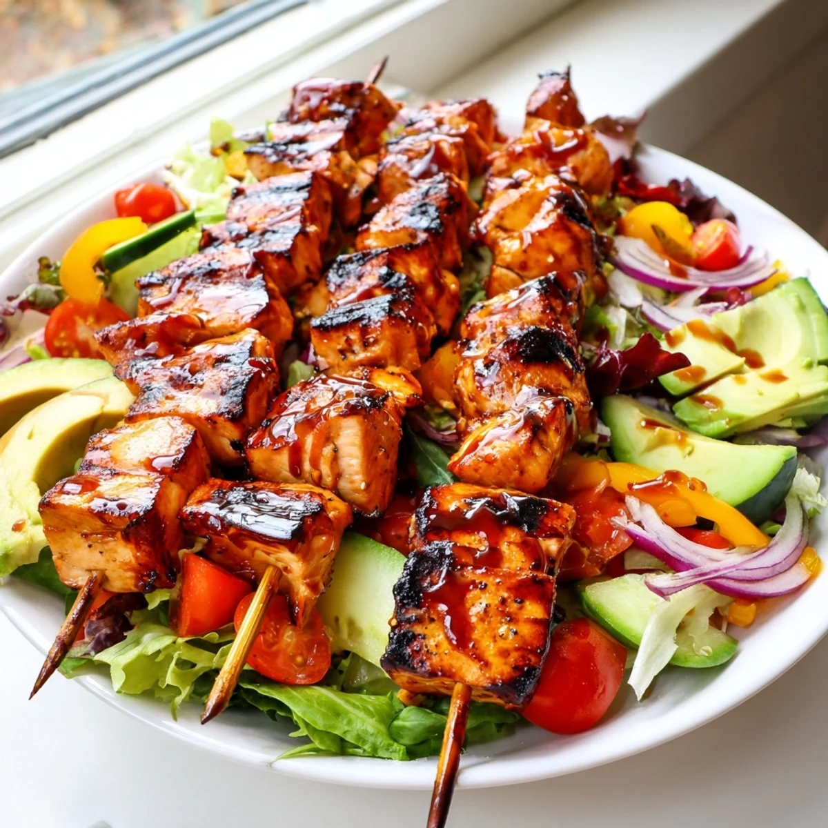 Smoky BBQ chicken skewers nestled on crisp greens with colorful bell peppers and creamy avocado