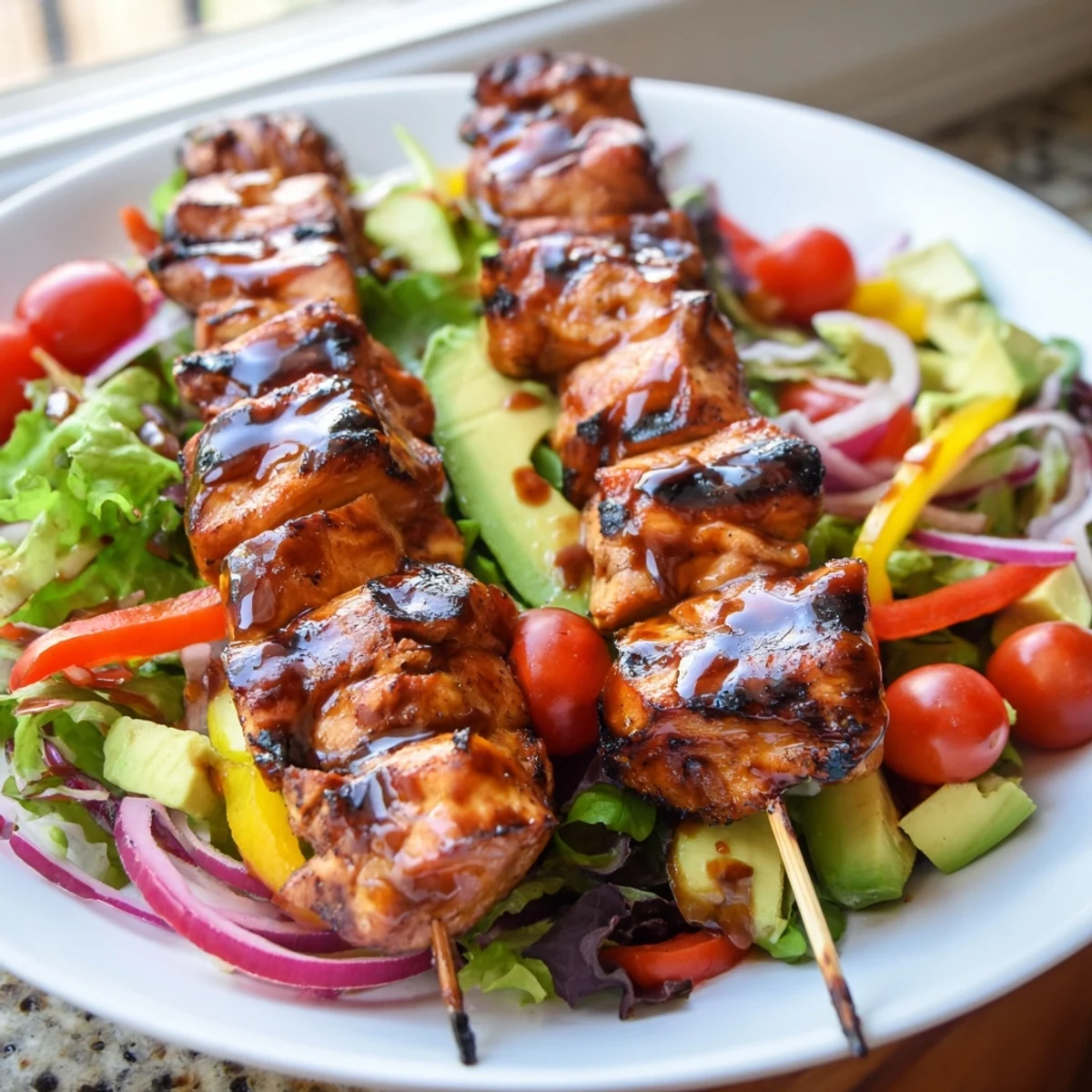 Grilled BBQ chicken skewer salad topped with cherry tomatoes, red onion, and zesty vinaigrette
