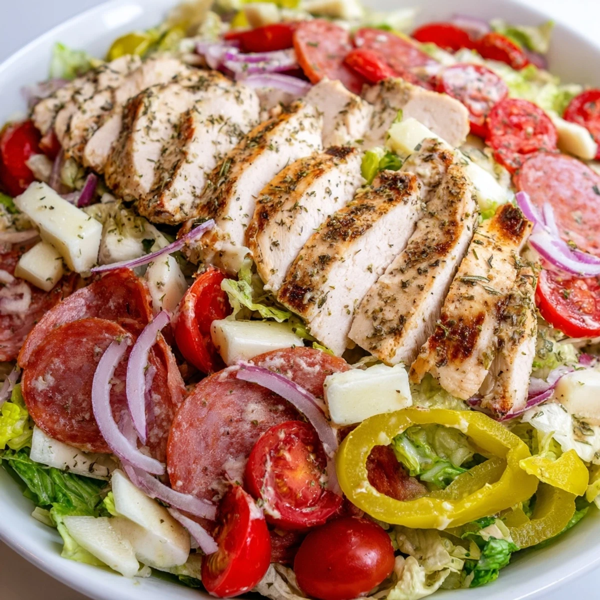 Italian grinder chicken salad topped with sliced deli meats and tangy pepperoncini
