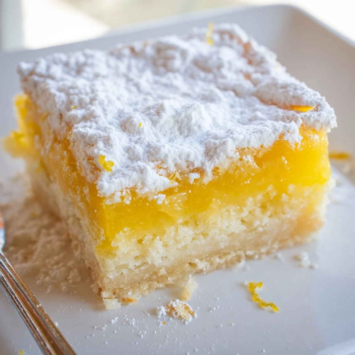 Golden simple lemon bars with powdered sugar dusted on a buttery shortbread crust