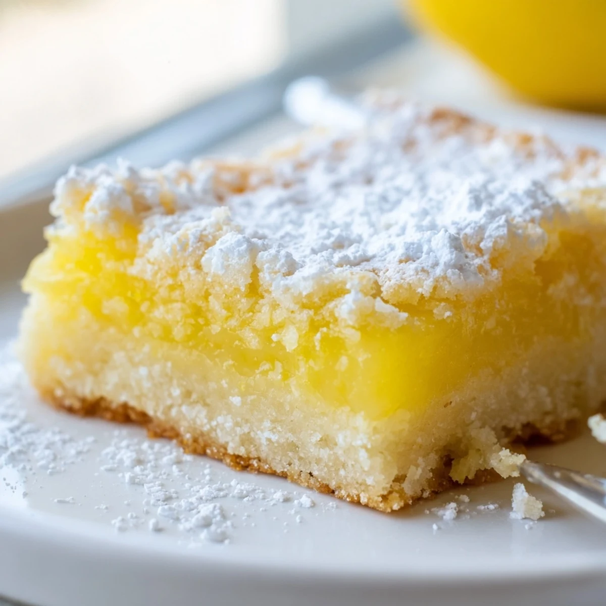 Bright yellow simple lemon bars sliced into squares on a rustic cutting board