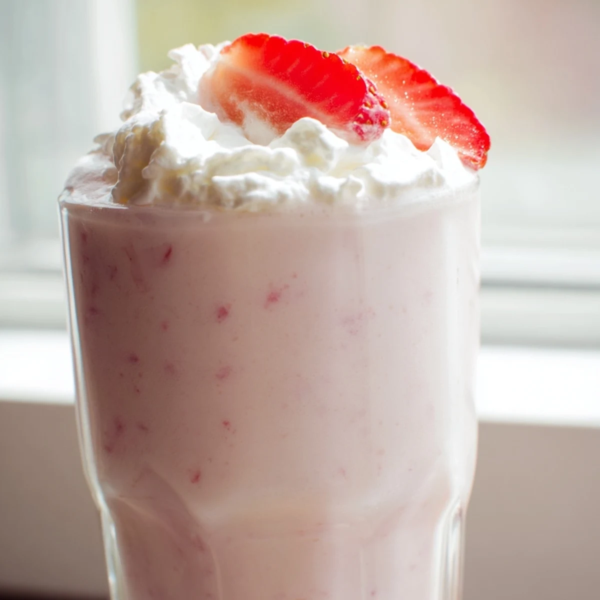 Thick creamy strawberry milkshake topped with whipped cream and fresh berry slices