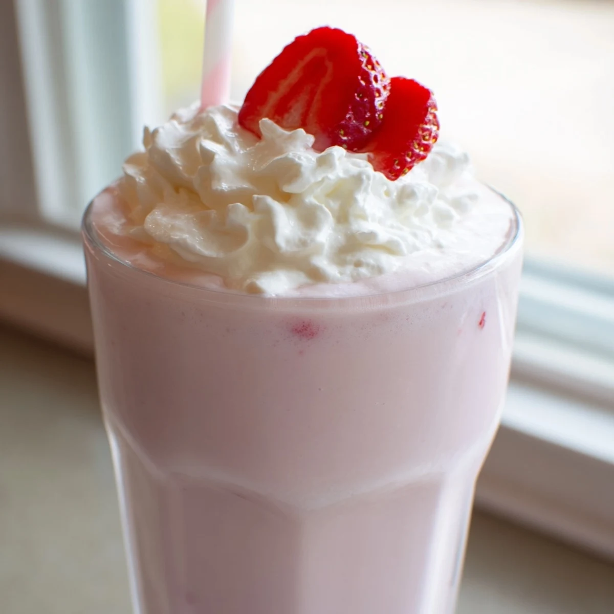Bright pink strawberry milkshake served in a chilled glass with a striped straw