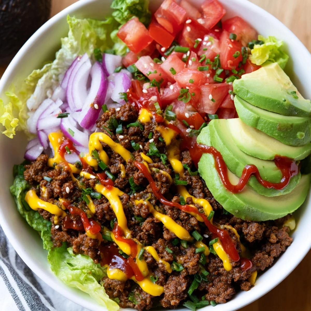 Colorful burger bowls with seasoned beef, melted cheddar, and fresh avocado slices