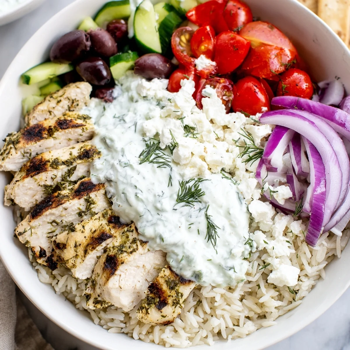 Juicy Greek Chicken Bowls with colorful fresh veggies, fluffy rice, and creamy tzatziki sauce