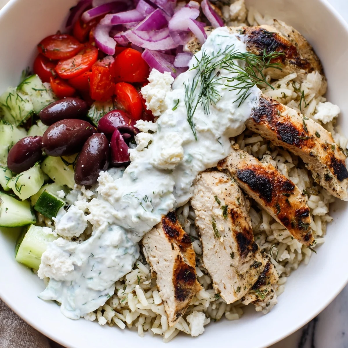 Golden grilled chicken slices over herbed rice in vibrant Greek Chicken Bowls with feta
