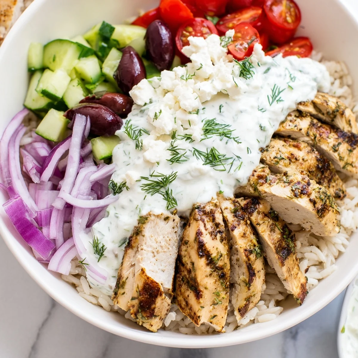 Steaming Greek Chicken Bowls topped with ripe tomatoes, olives, and a cool dill tzatziki drizzle