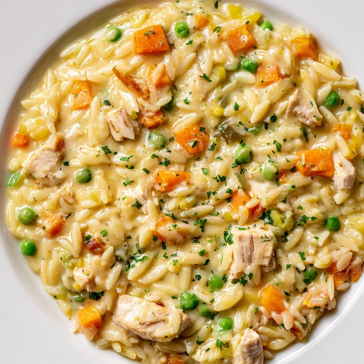 Creamy chicken pot pie orzo in a rustic bowl with tender vegetables and fresh parsley garnish