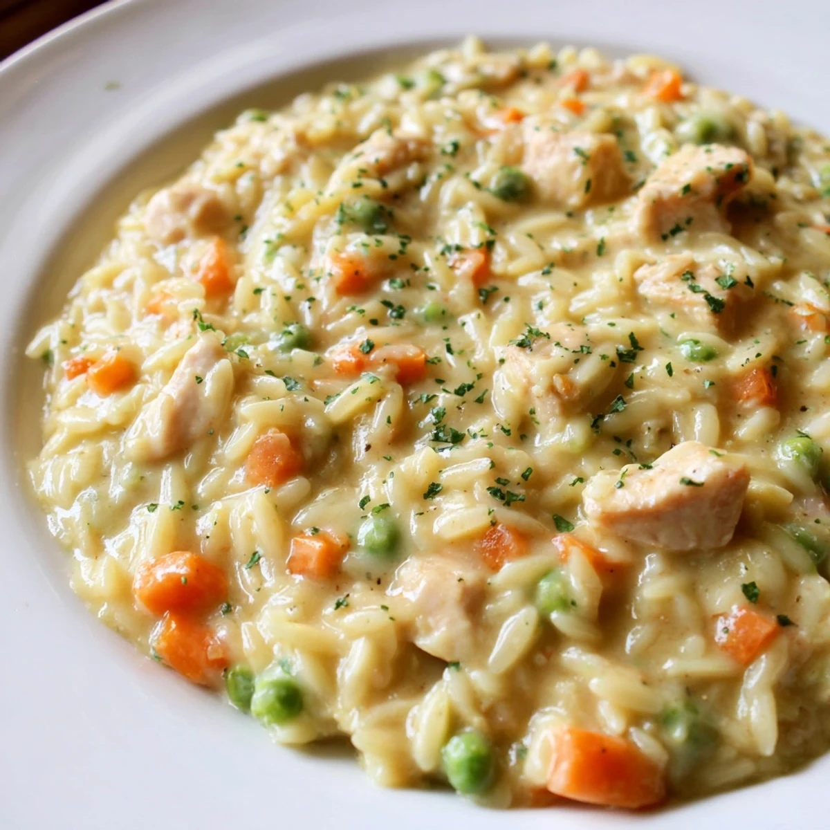 Steaming spoonful of creamy chicken pot pie orzo loaded with carrots peas and shredded chicken