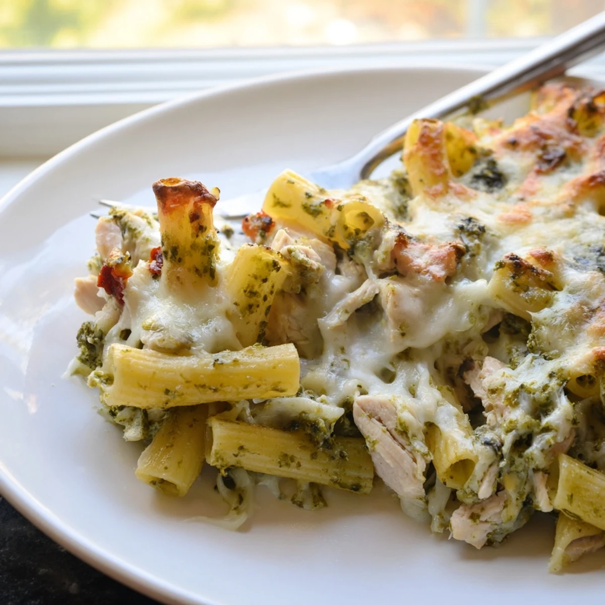 Golden baked pesto chicken pasta bake with bubbly mozzarella and fresh basil leaves