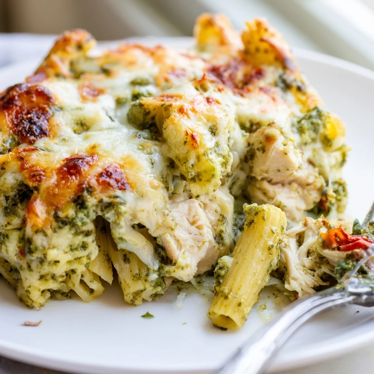 Creamy pesto chicken pasta bake bubbling with melted cheese in a rustic dish