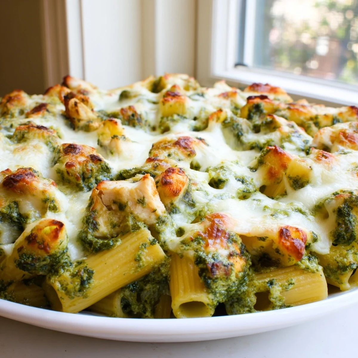 Serving of pesto chicken pasta bake topped with gooey melted mozzarella and parmesan