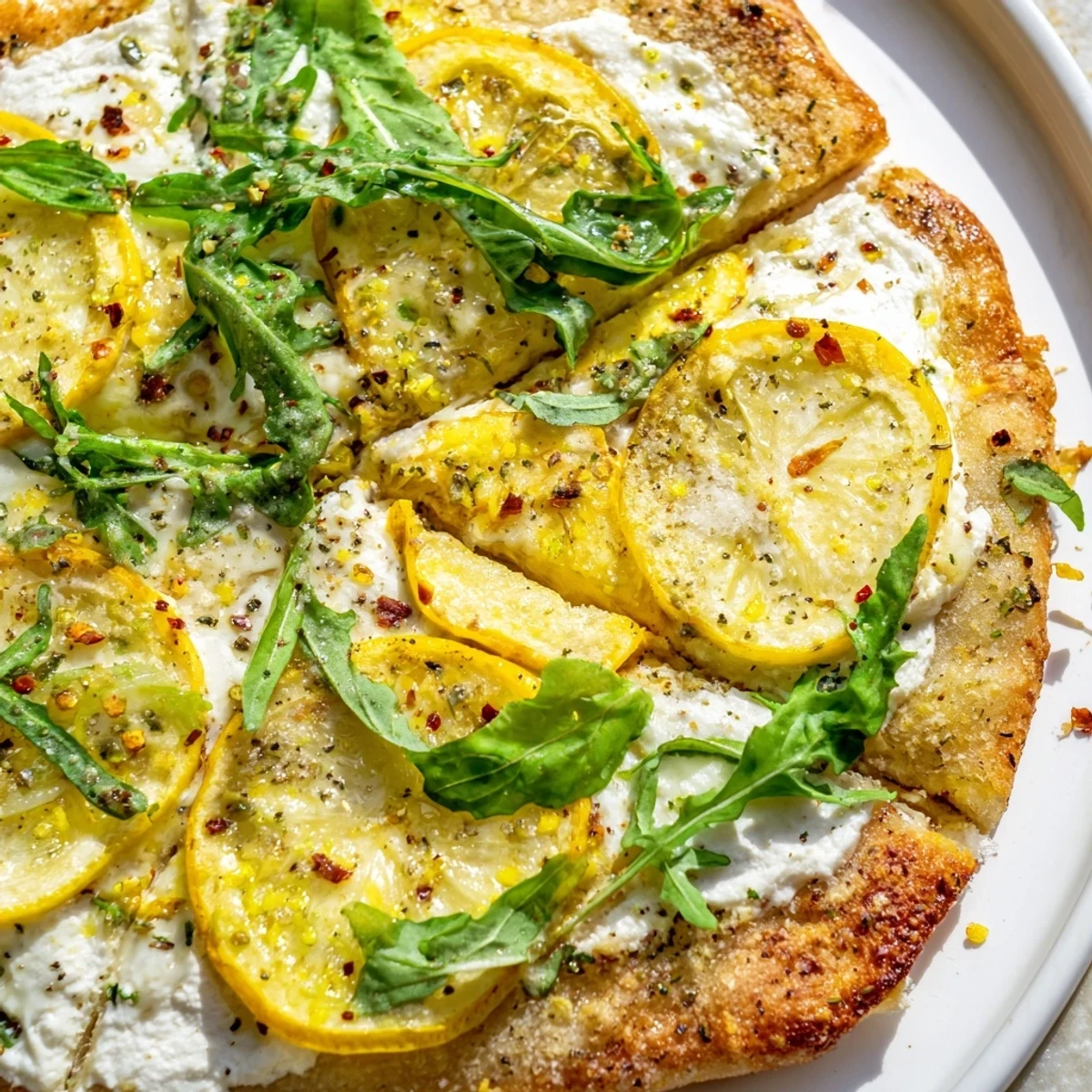 Golden Zesty Summer Lemon Pizza fresh from the oven with bubbling mozzarella and herbs
