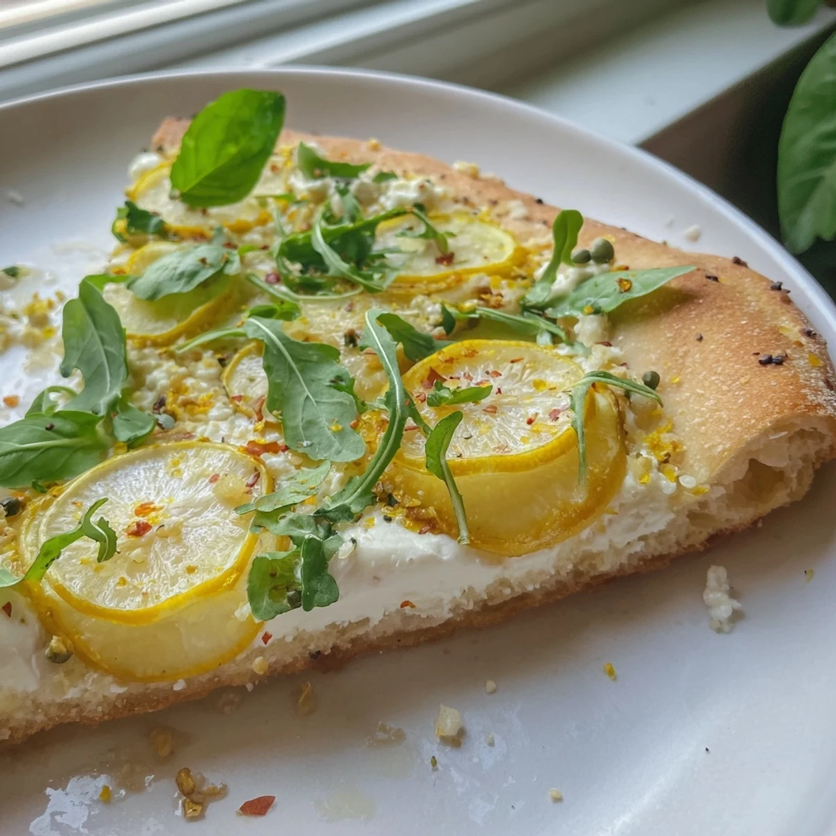 Tangy lemon slices top this Zesty Summer Lemon Pizza with peppery arugula garnish