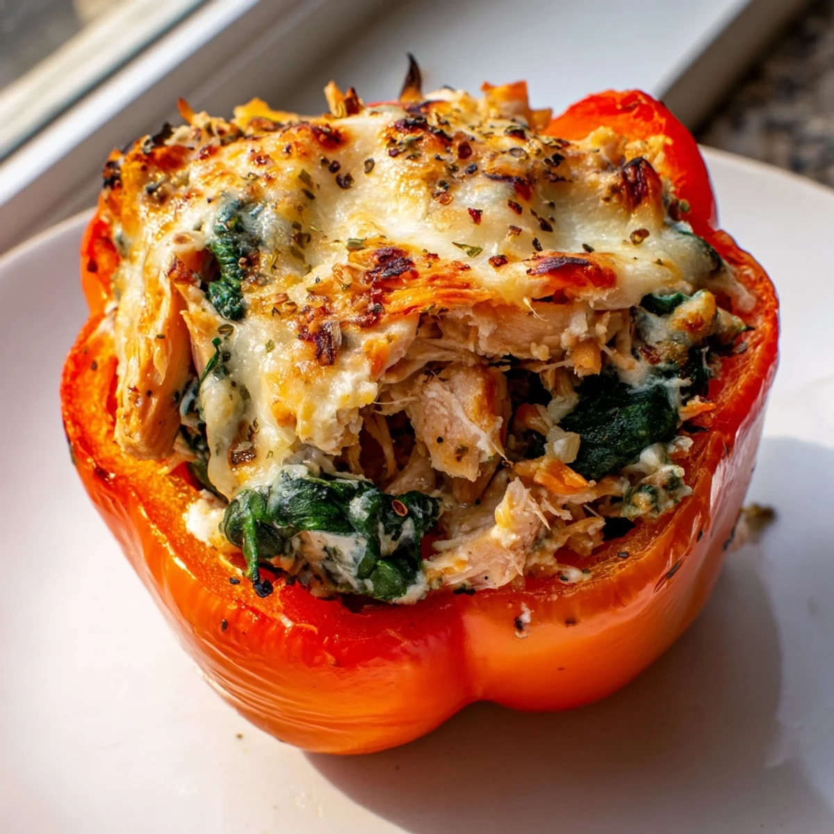 Golden bubbly chicken Florentine stuffed peppers served fresh from the oven on a rustic dish