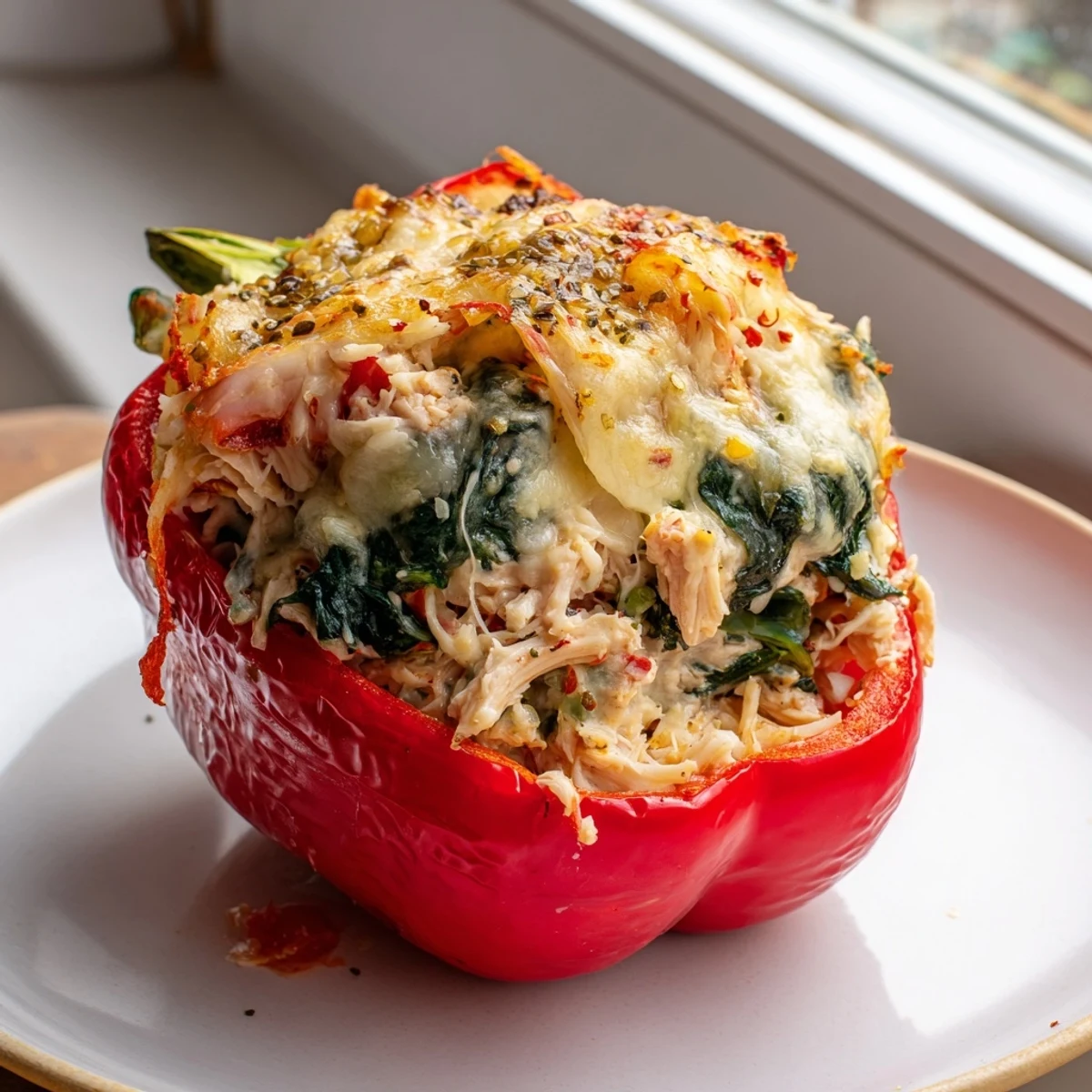 Colorful bell peppers overflowing with creamy chicken Florentine filling and melted mozzarella cheese topping