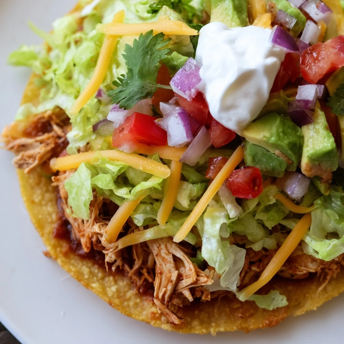Spicy shredded chicken atop crispy corn tortillas with vibrant tomato and onion toppings  