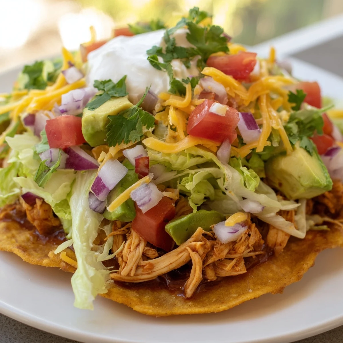 Delicious Chicken Tostadas garnished with cilantro, lime wedges, and a dollop of sour cream