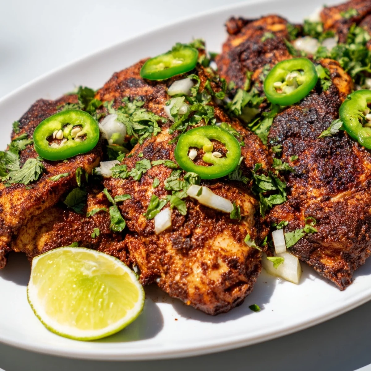 Golden spicy jalapeno chicken recipe garnished with fresh cilantro and lime wedges  