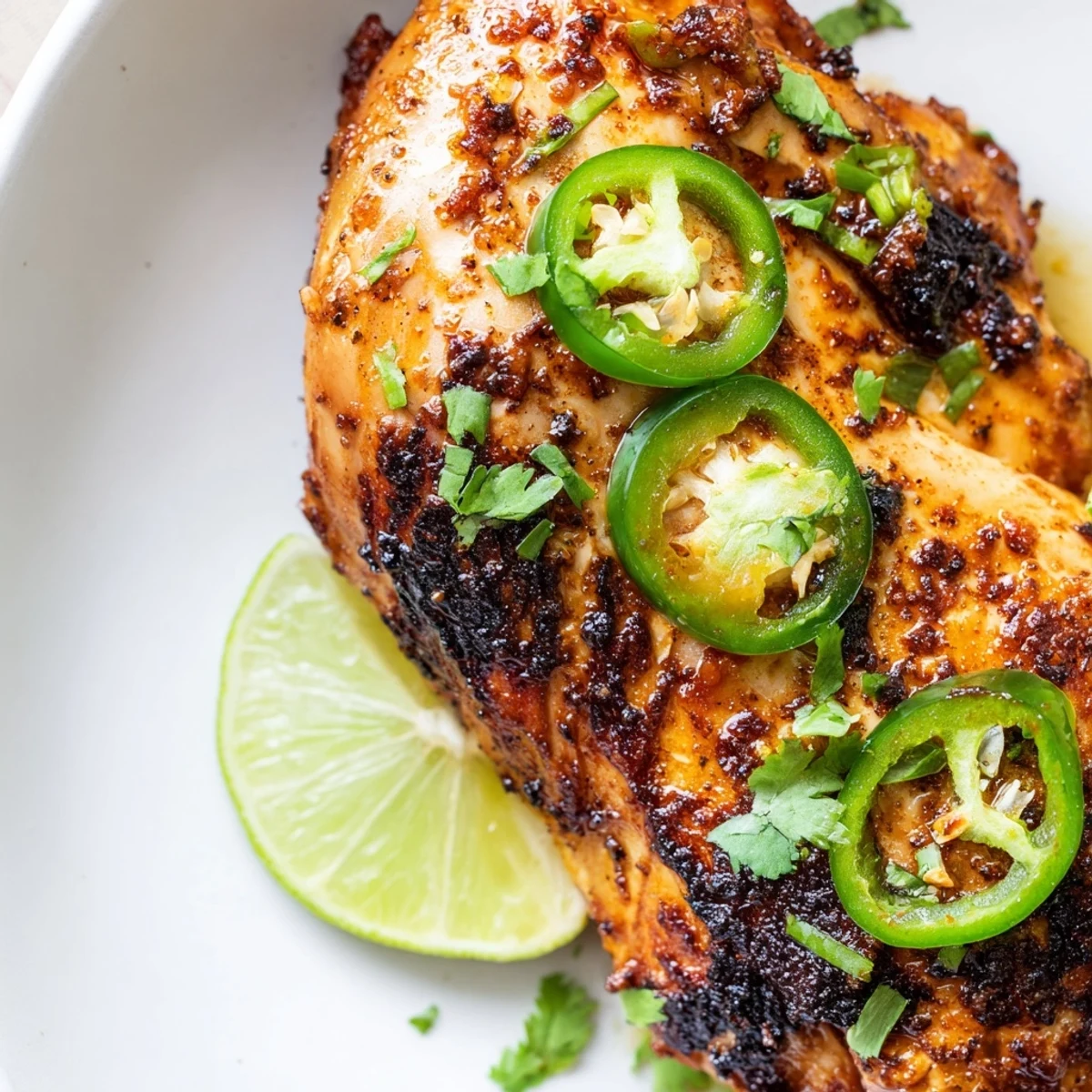 Savory spicy jalapeno chicken recipe served with vibrant jalapeños and garlic