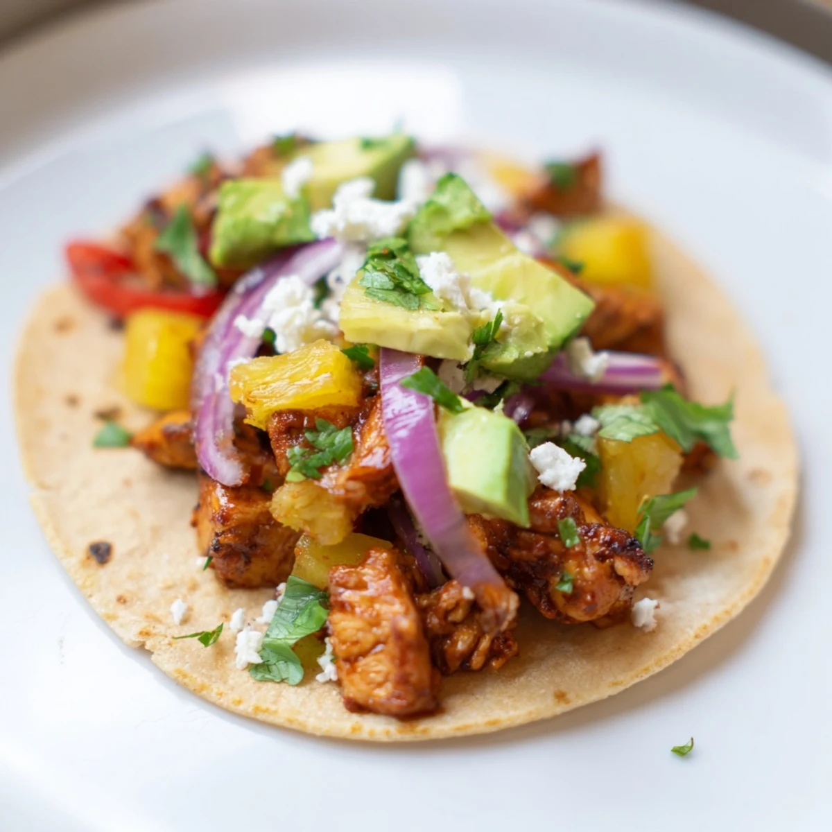 Golden chicken and pineapple tacos topped with fresh cilantro in warm tortillas.  