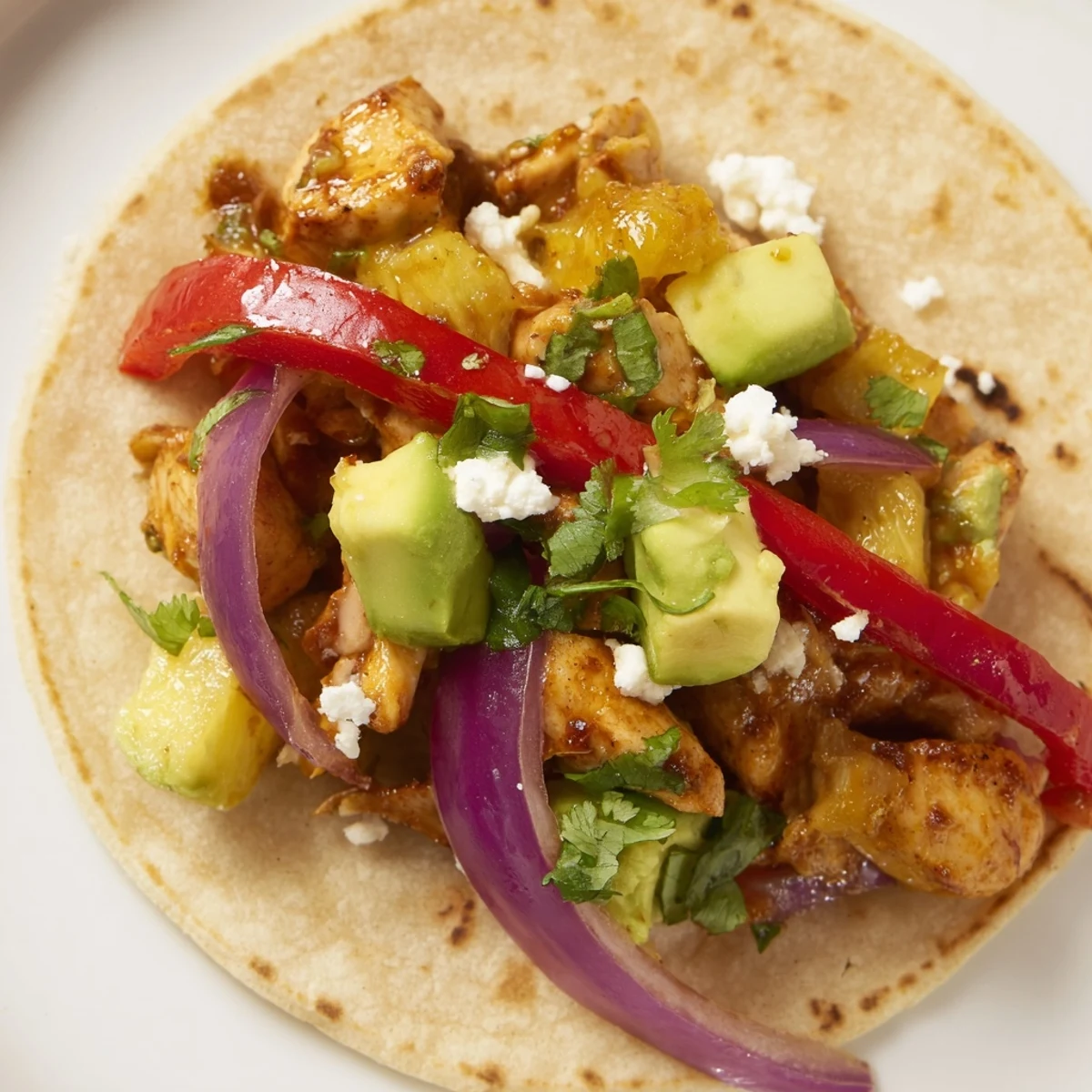 Vibrant one pan chicken and pineapple tacos served with avocado and lime wedges.  