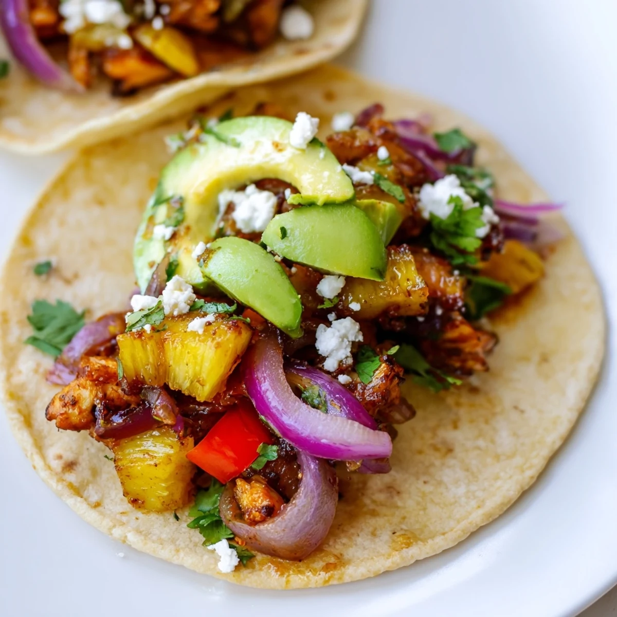 Sizzling skillet of chicken and pineapple tacos ready for a tropical taco night.