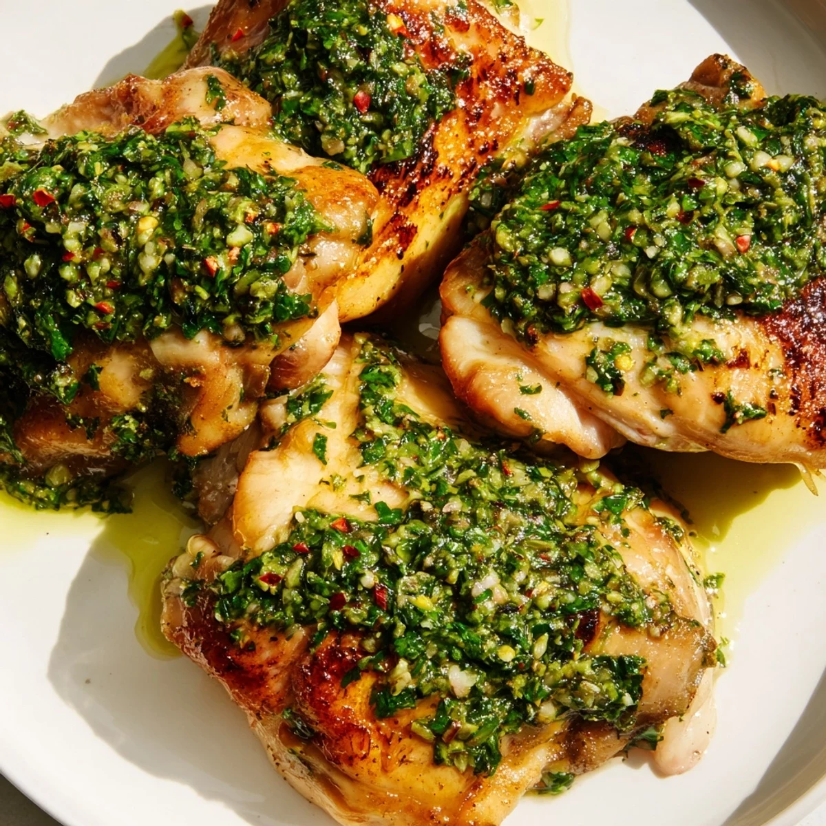 Golden grilled chimichurri chicken thighs topped with fresh, zesty herb sauce.  