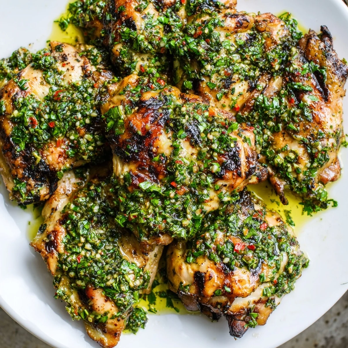 Perfectly cooked chimichurri chicken thighs featuring crispy skin and tangy, herbaceous glaze.
